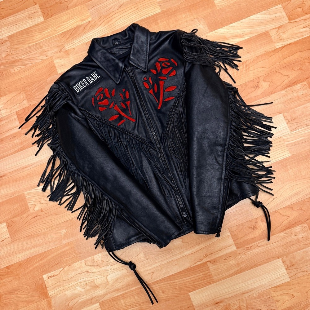 Harley-Davidson Womens Fringe Leather Biker Jacket Rose Embroidered Biker Babe